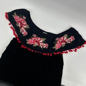 Jodifl Black Off‎ Shoulder Top Floral Embroidered Pom Pom Trim Boho Blouse